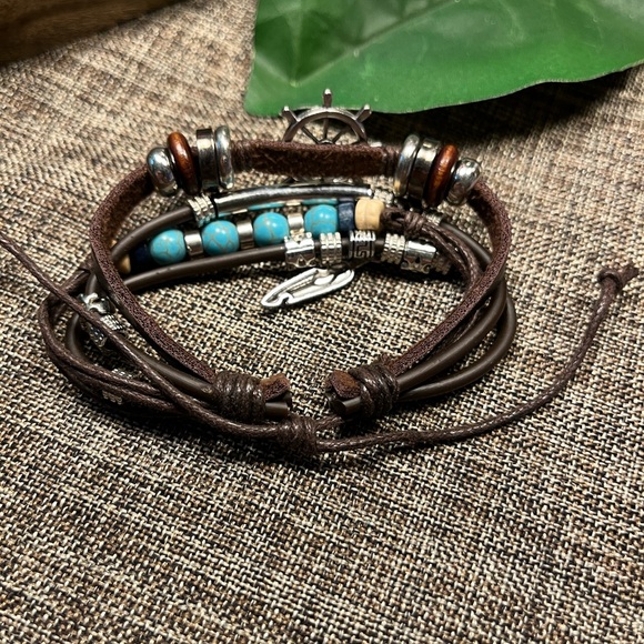2305-PCM Turquoise, Silver, & Wooden Beads, Pendants Leather 4 Layer Bracelet - Picture 4 of 12